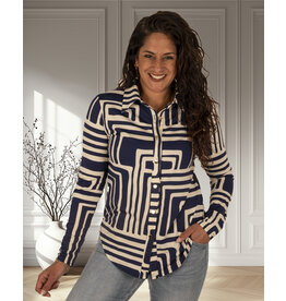 Ecru/donkerblauw print blouse van By Swan