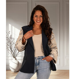 El-Vita Donkerblauwe blazer met bloemenmouw