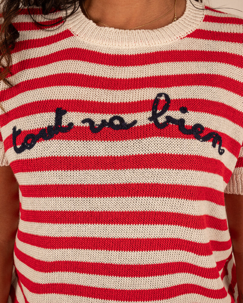 Rood/ecru gebreid shirt "Tout va bien" van Gemma Ricceri