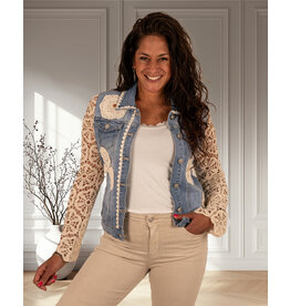 Jeans jasje met beige opengehaakte mouwen
