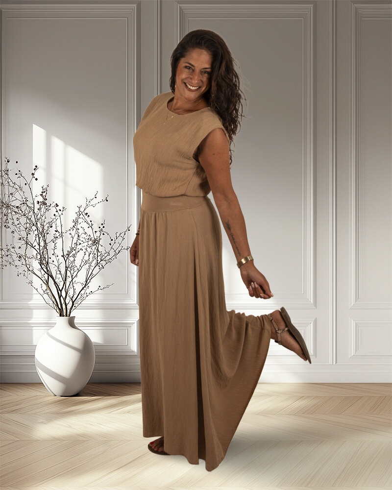Camel set top met rok van El-Vita