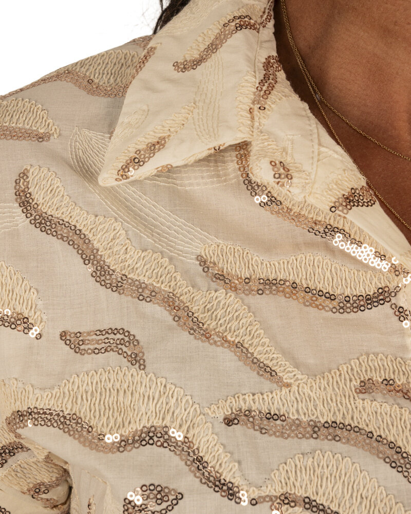 Beige blouse met rosé pailletten van Vera Jo
