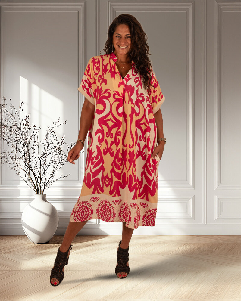 Ecru/fuchsia print jurk van El-Vita
