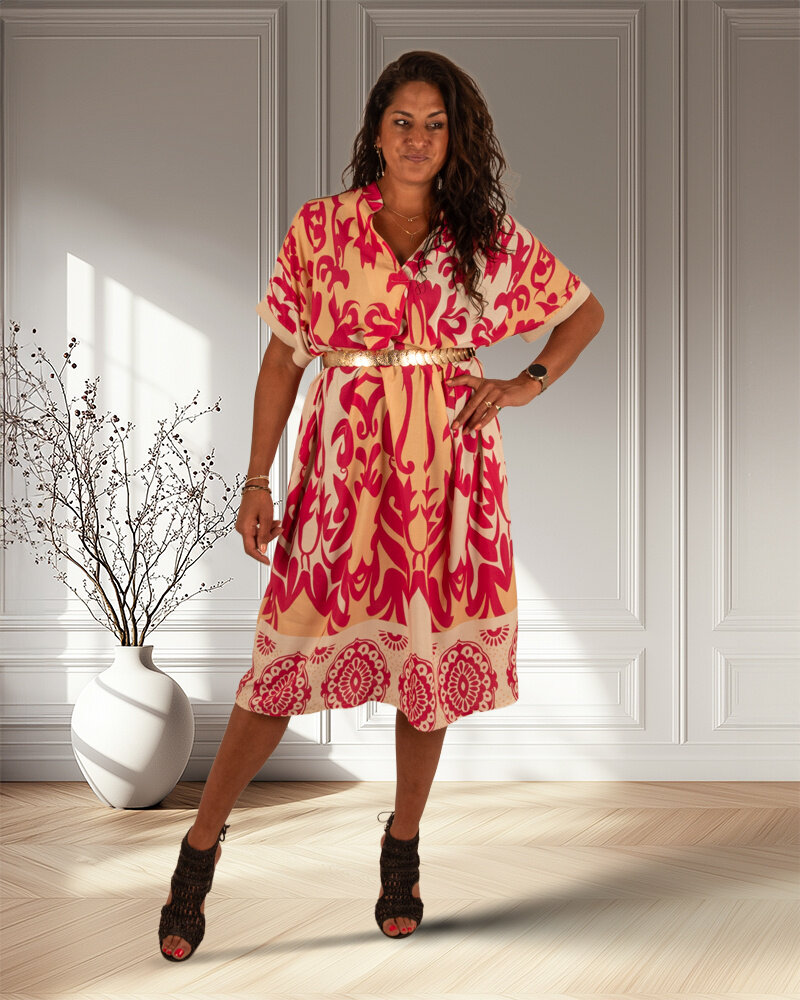 Ecru/fuchsia print jurk van El-Vita