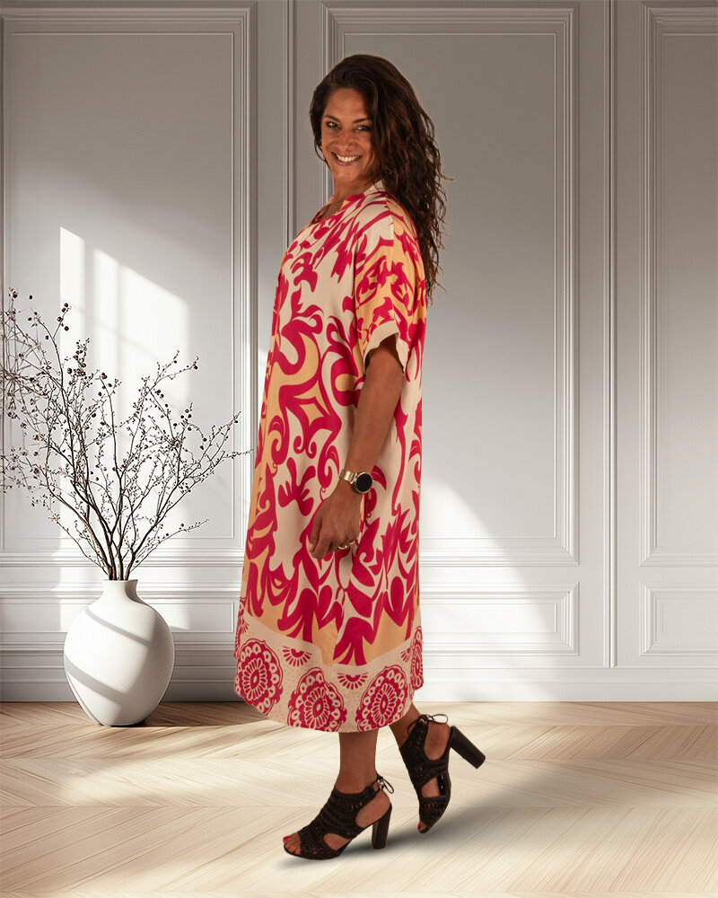 Ecru/fuchsia print jurk van El-Vita