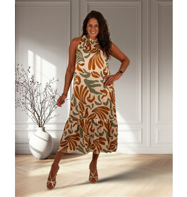 Vera Jo Ecru/groen/camel print halterjurk