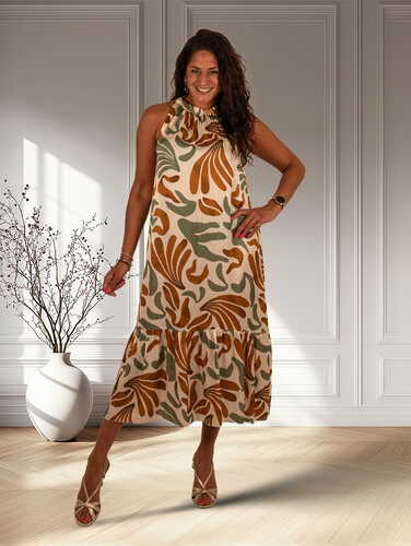 Vera Jo Ecru/groen/camel print halterjurk