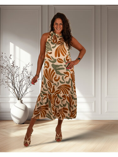 Vera Jo Ecru/groen/camel print halterjurk