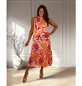 Vera Jo Ecru/oranje/fuchsia print halterjurk