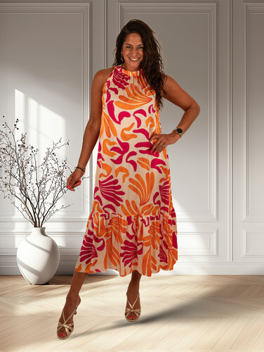 Vera Jo Ecru/oranje/fuchsia print halterjurk