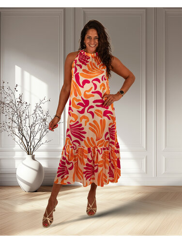 Vera Jo Ecru/oranje/fuchsia print halterjurk