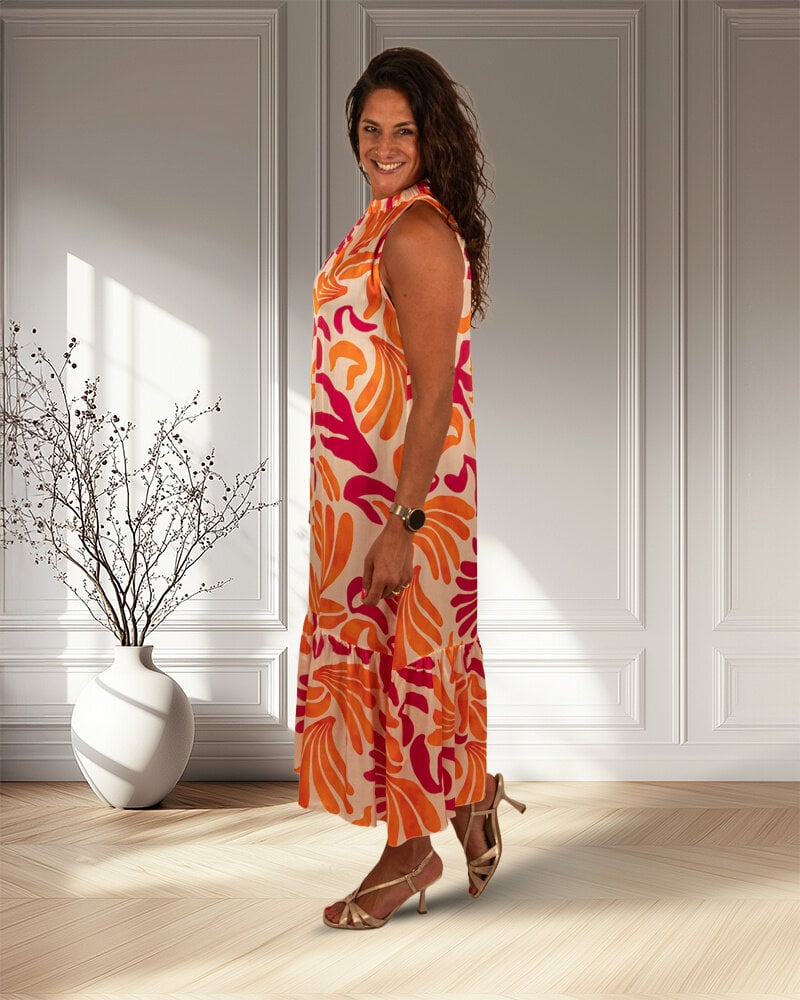 Ecru/oranje/fuchsia print halterjurk van Vera Jo