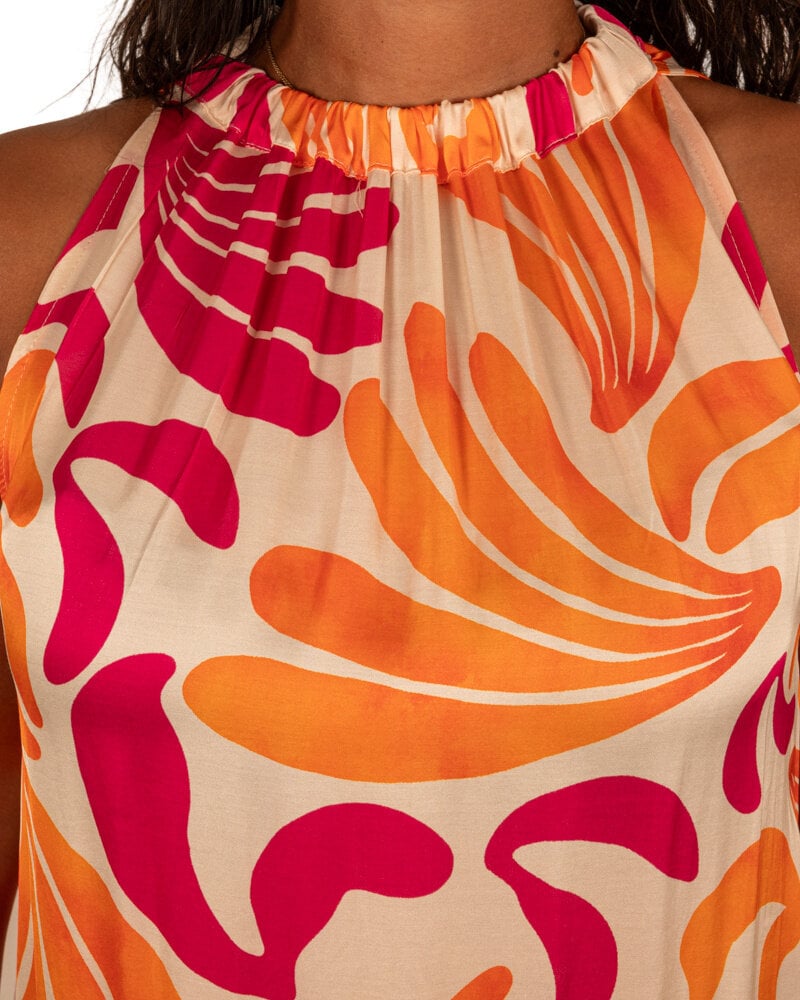 Ecru/oranje/fuchsia print halterjurk van Vera Jo
