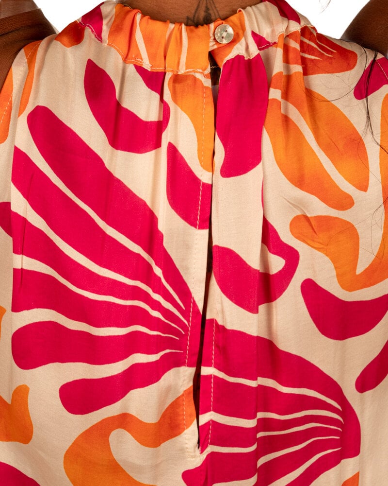 Ecru/oranje/fuchsia print halterjurk van Vera Jo