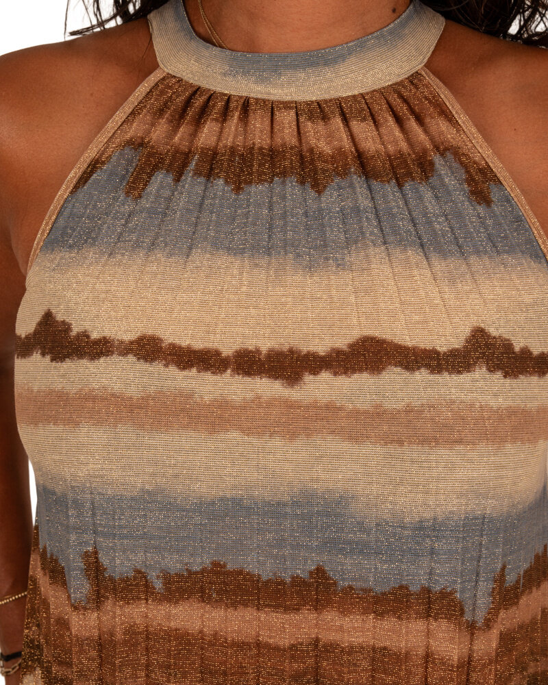 Blauw/beige plissé halterjurk van El-Vita