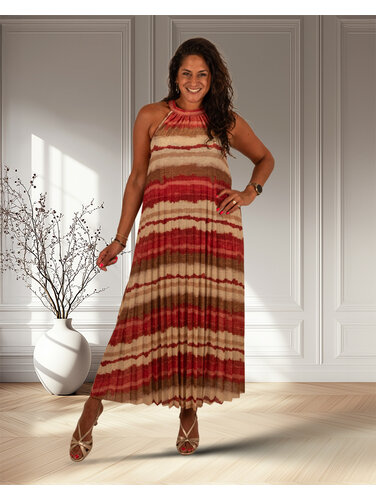 El-Vita Rood/beige plissé halterjurk