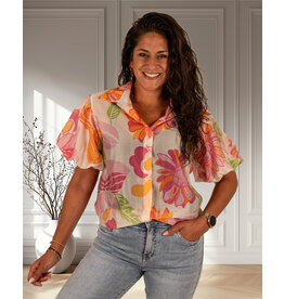 Vera Jo Oranje/roze bloemenprint blouse  pofmouw