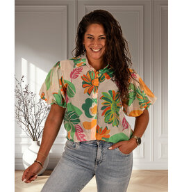 Vera Jo Groene/oranje bloemenprint blouse  pofmouw