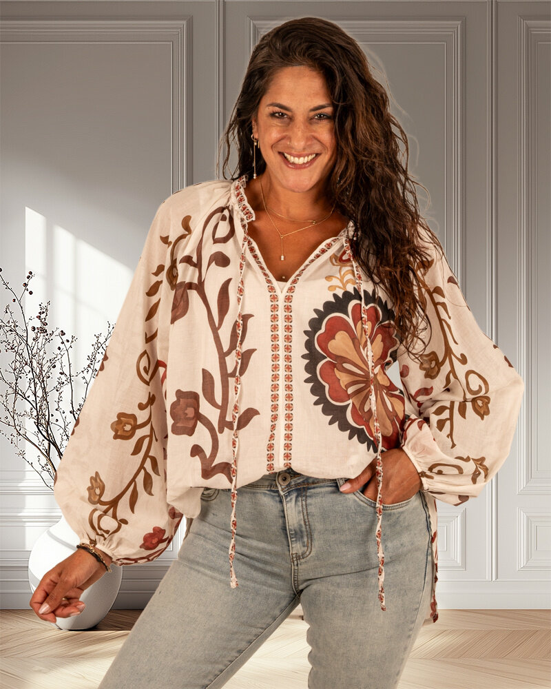 Beige/bruin bloem print blouse van El-Vita