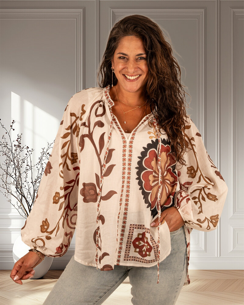 Beige/bruin bloem print blouse van El-Vita