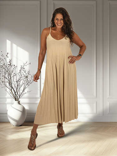 Beige glitter plissé jurk