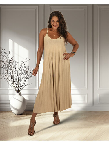 Beige glitter plissé jurk