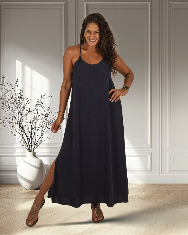 Donkerblauwe lange jurk van Promise Fashion