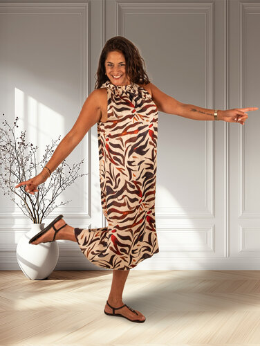 Vera Jo Ecru/roodbruin print halterjurk