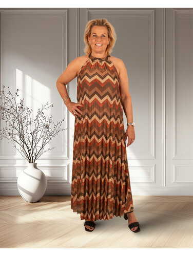 El-Vita Roest/bruin zigzag plissé halterjurk