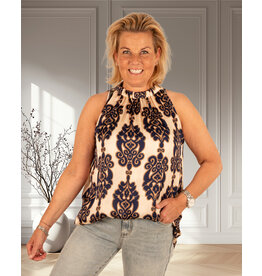 Vera Jo Beige/blauw ornamentenprint haltertop