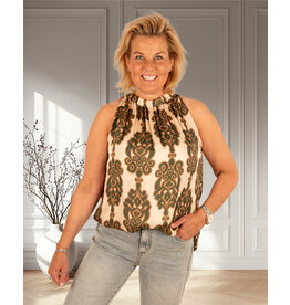 Vera Jo Beige/groen ornamentenprint haltertop