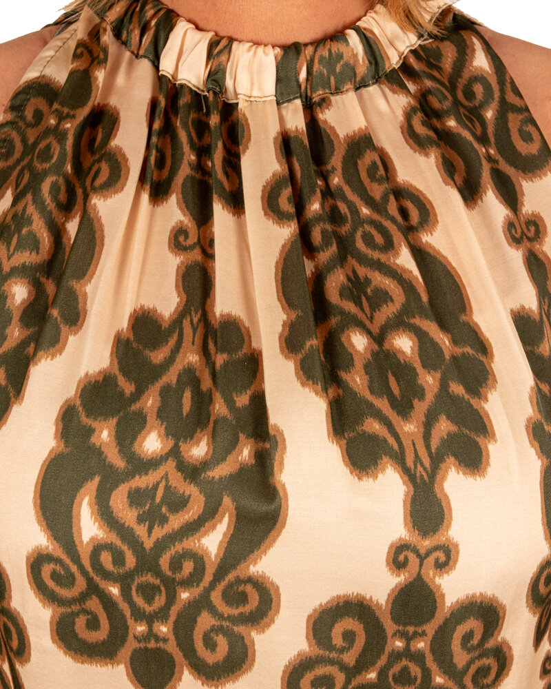 Beige/groen ornamentenprint haltertop van Vera Jo