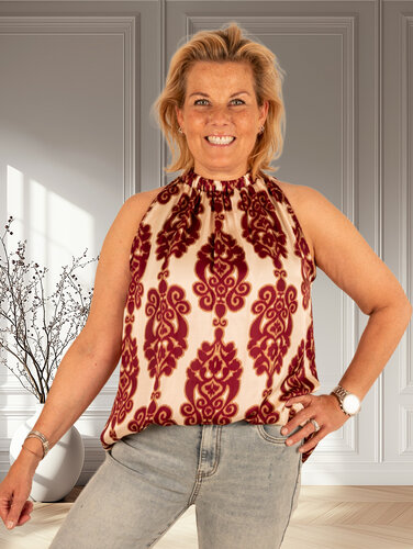 Vera Jo Beige/bordeaux ornamentenprint haltertop