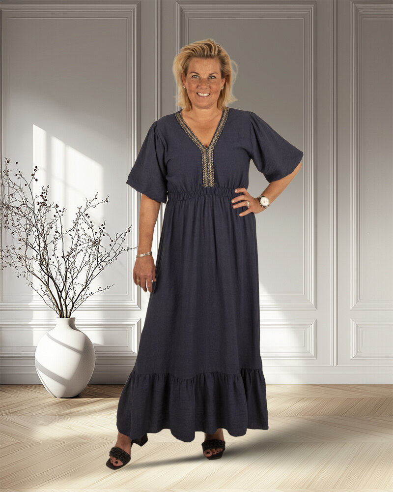 Donkerblauwe lange jurk pofmouw van New Collection