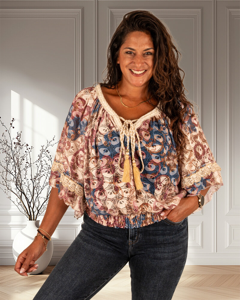 Roze/blauw/beige print ballontop van Iz Naiz