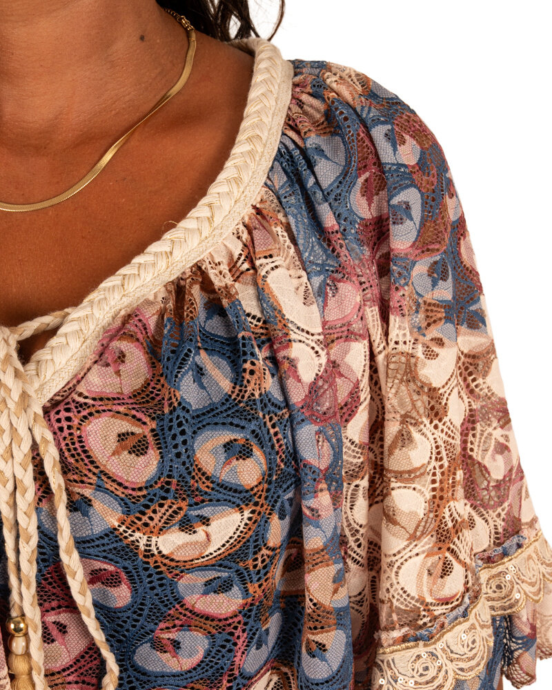 Roze/blauw/beige print ballontop van Iz Naiz