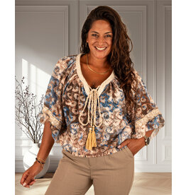Blauw/bruin/beige print ballontop