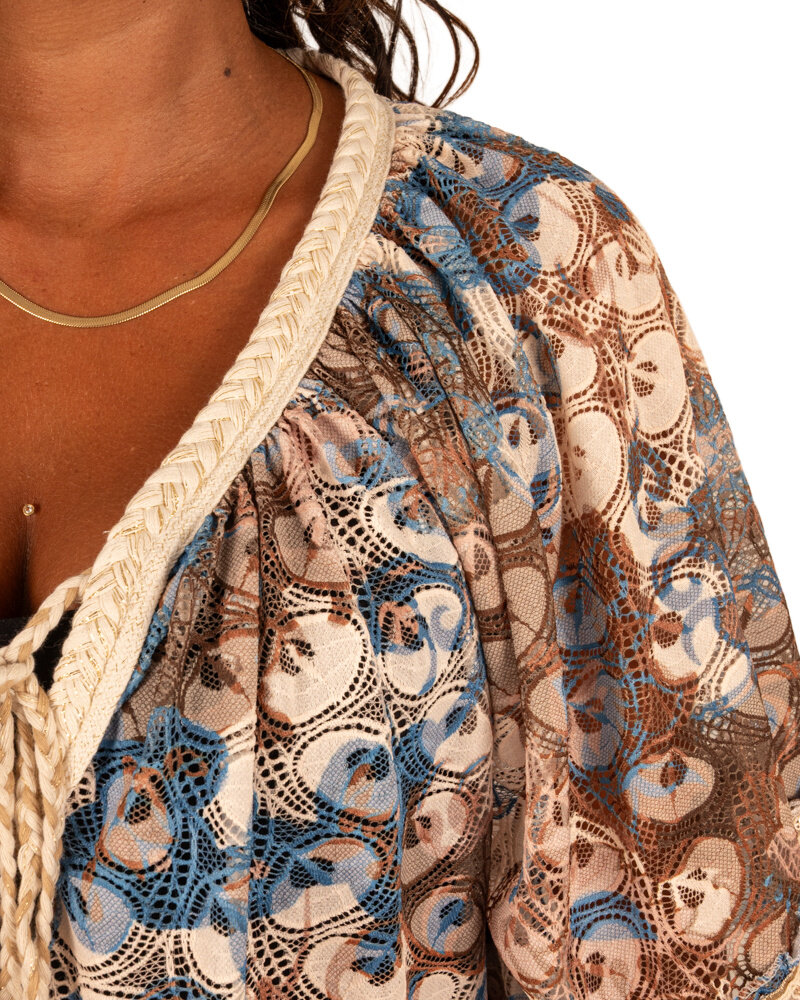 Blauw/bruin/beige print ballontop van Iz Naiz