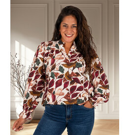 Vera Jo Beige blouse met bordeaux bladeren print