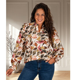 Vera Jo Beige blouse met groene bladeren print