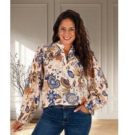 Vera Jo Beige blouse met blauwe bloemen