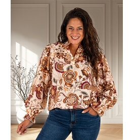 Vera Jo Beige blouse met bruine bloemen