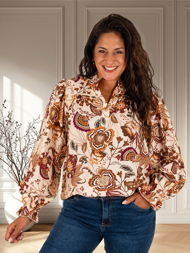 Vera Jo Beige blouse met bruine bloemen