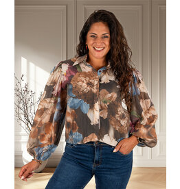 Vera Jo Blauwe bloemenprint blouse met pofmouw