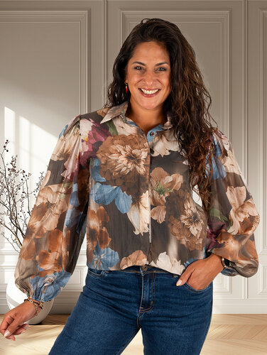 Vera Jo Blauwe bloemenprint blouse met pofmouw