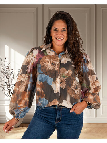 Vera Jo Blauwe bloemenprint blouse met pofmouw