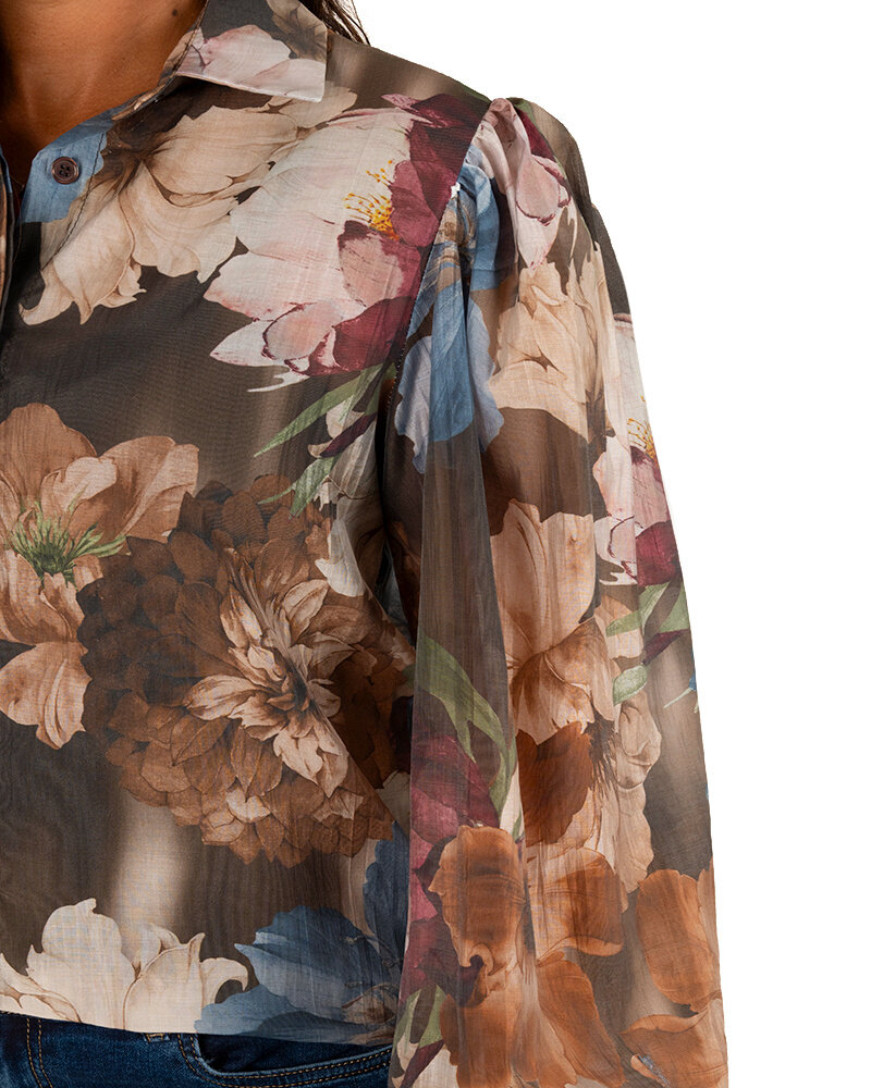 Blauwe bloemenprint blouse met pofmouw van Vera Jo