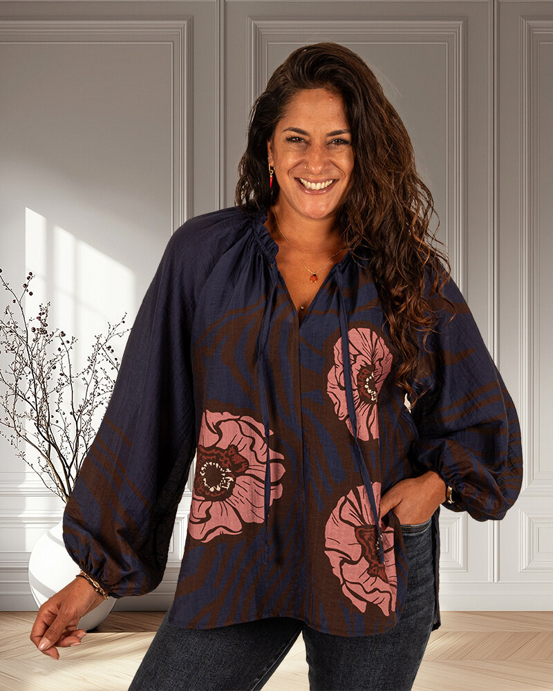 Donkerblauwe print blouse van El-Vita