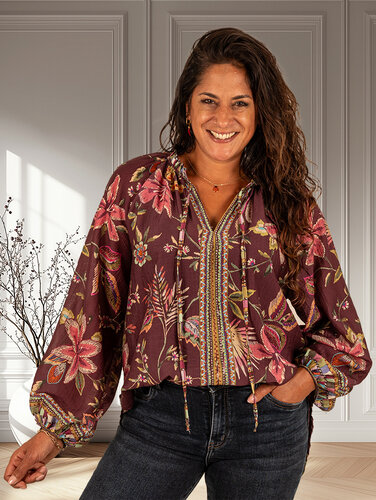 El-Vita Bordeaux bloemenprint blouse