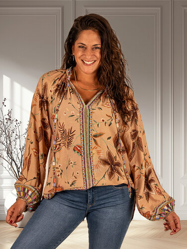 Camel bloemenprint blouse